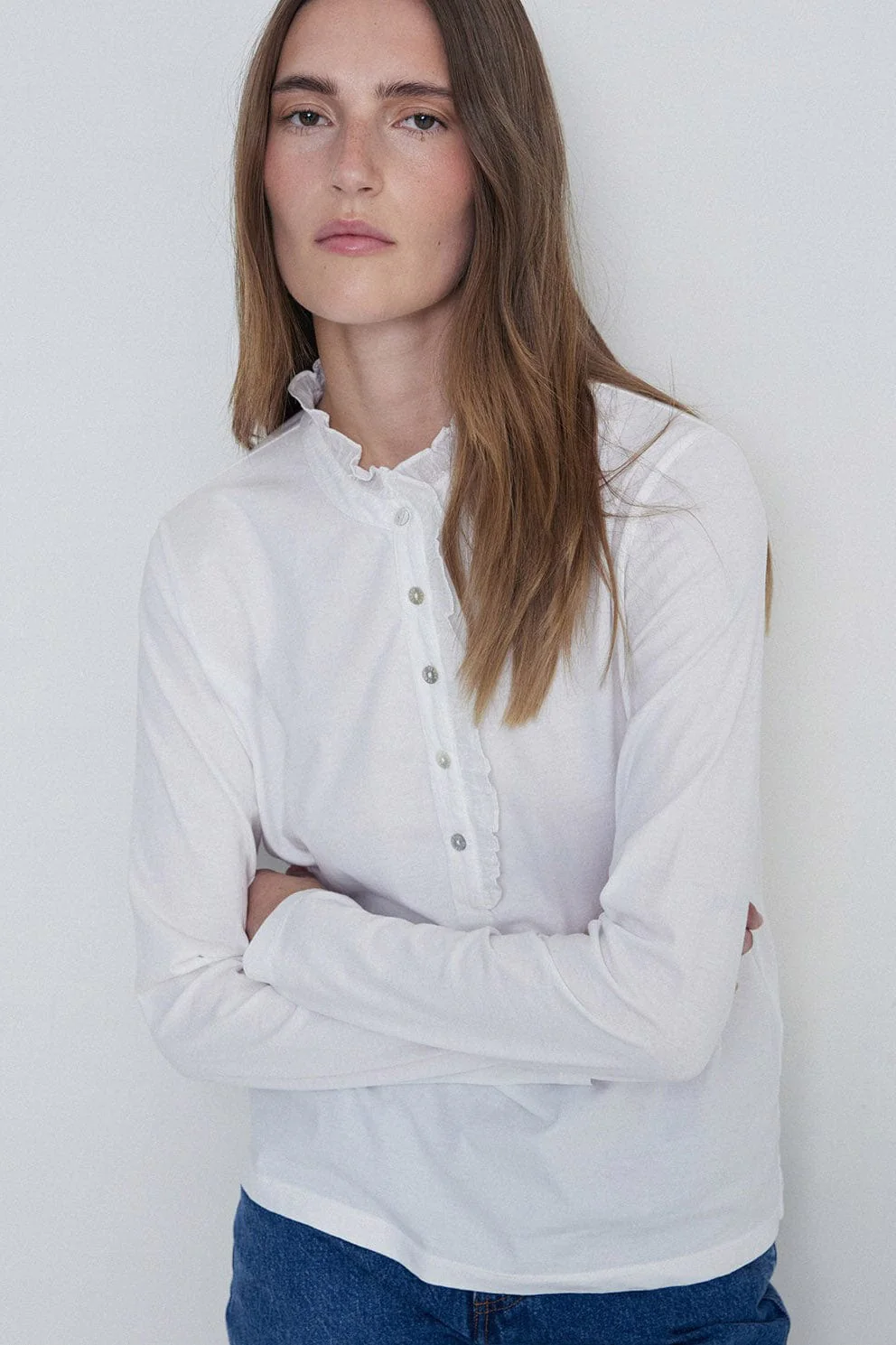 Long Sleeve Top with Ruffle Detail - White - Image 2