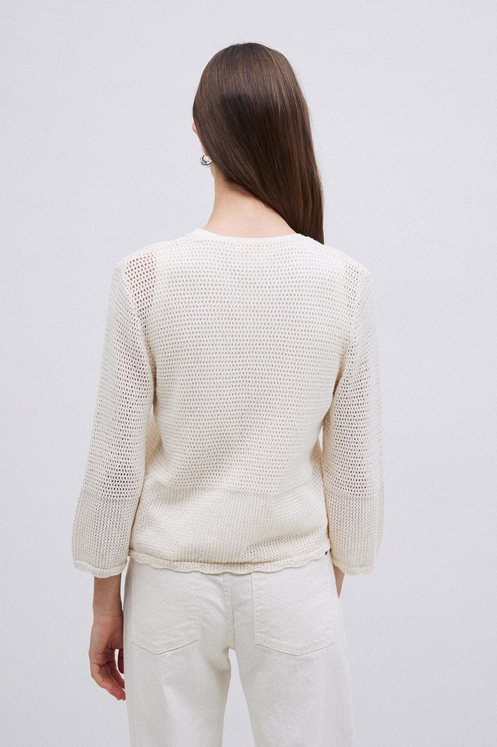 Net Cotton Openwork Tie Detail Cardigan - Natural - Image 3