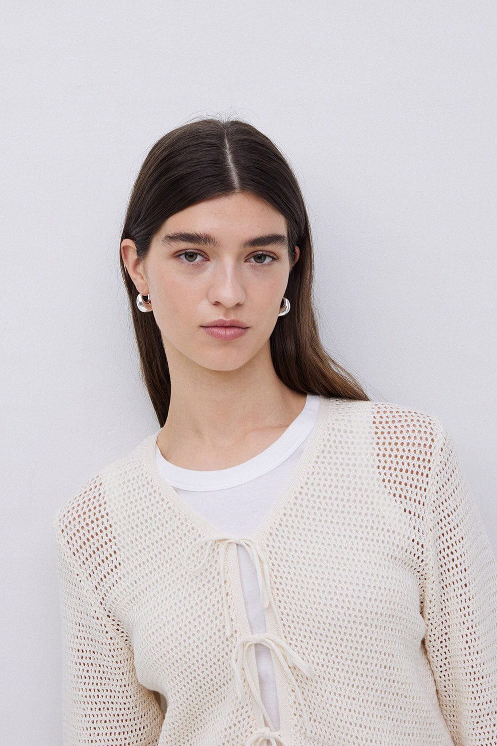Net Cotton Openwork Tie Detail Cardigan - Natural - Image 4