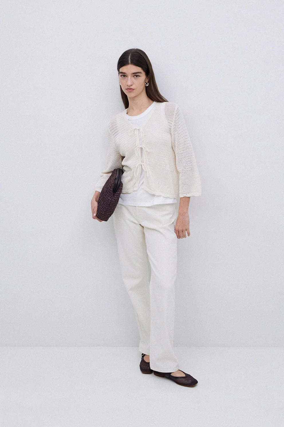Net Cotton Openwork Tie Detail Cardigan - Natural - Image 5