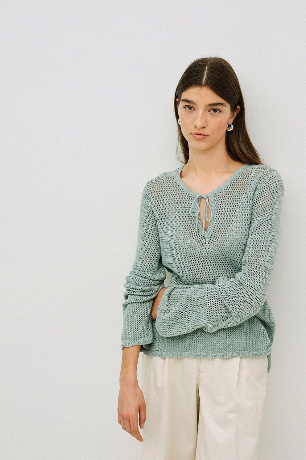 Net Cotton Openwork Tie Detail Knit - Verde Claro - Image 2