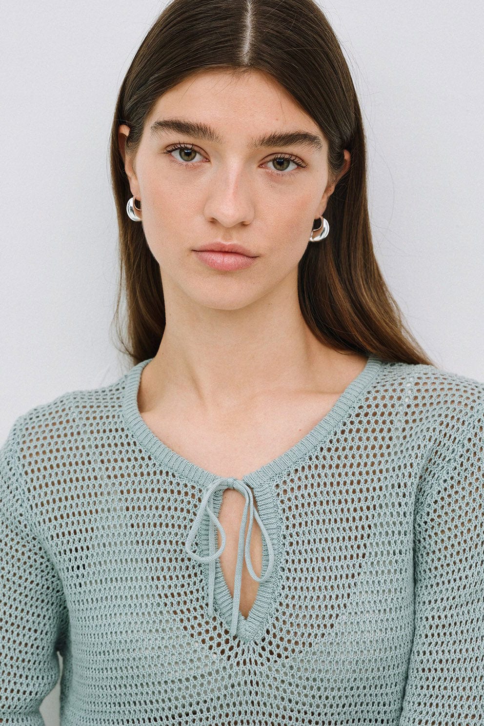 Net Cotton Openwork Tie Detail Knit - Verde Claro - Image 4