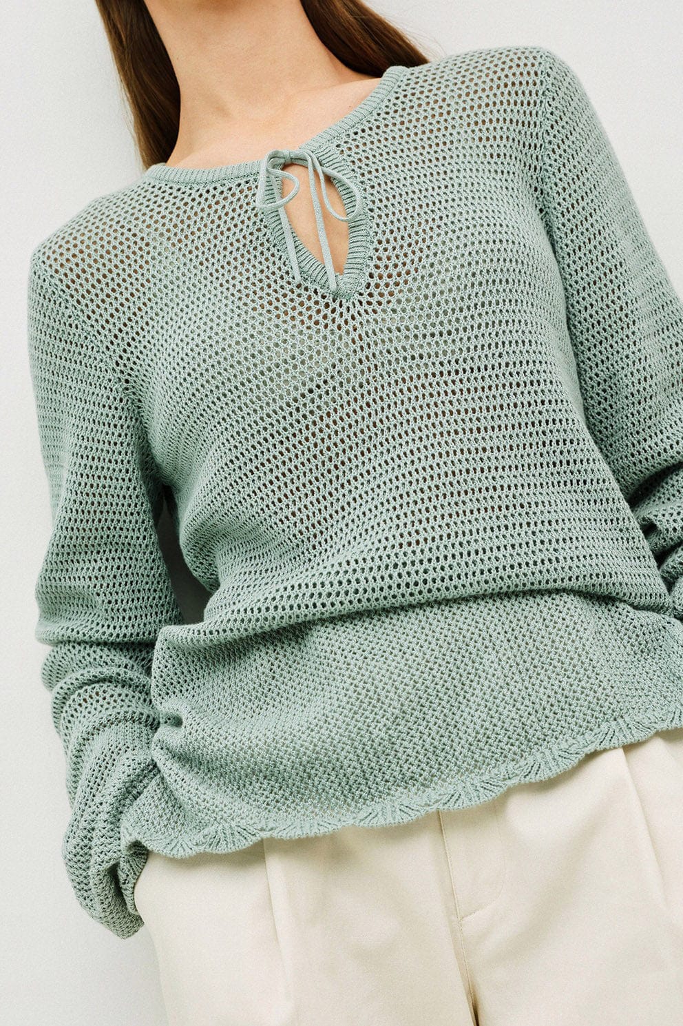 Net Cotton Openwork Tie Detail Knit - Verde Claro - Image 5