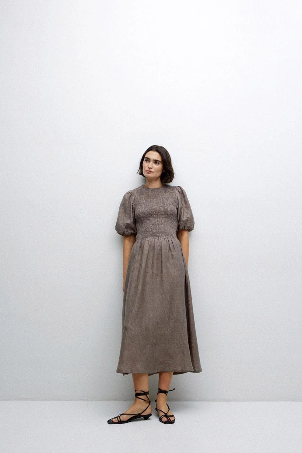 Procida Shirred Detail Midi Dress - Kaki - Image 3