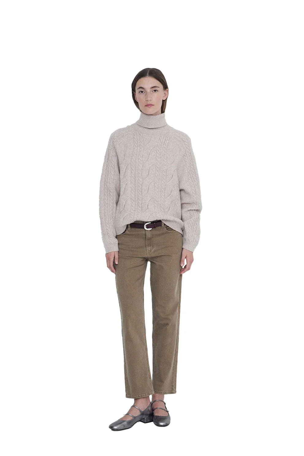 Roll Neck Jumper with Cable Detail - Stone