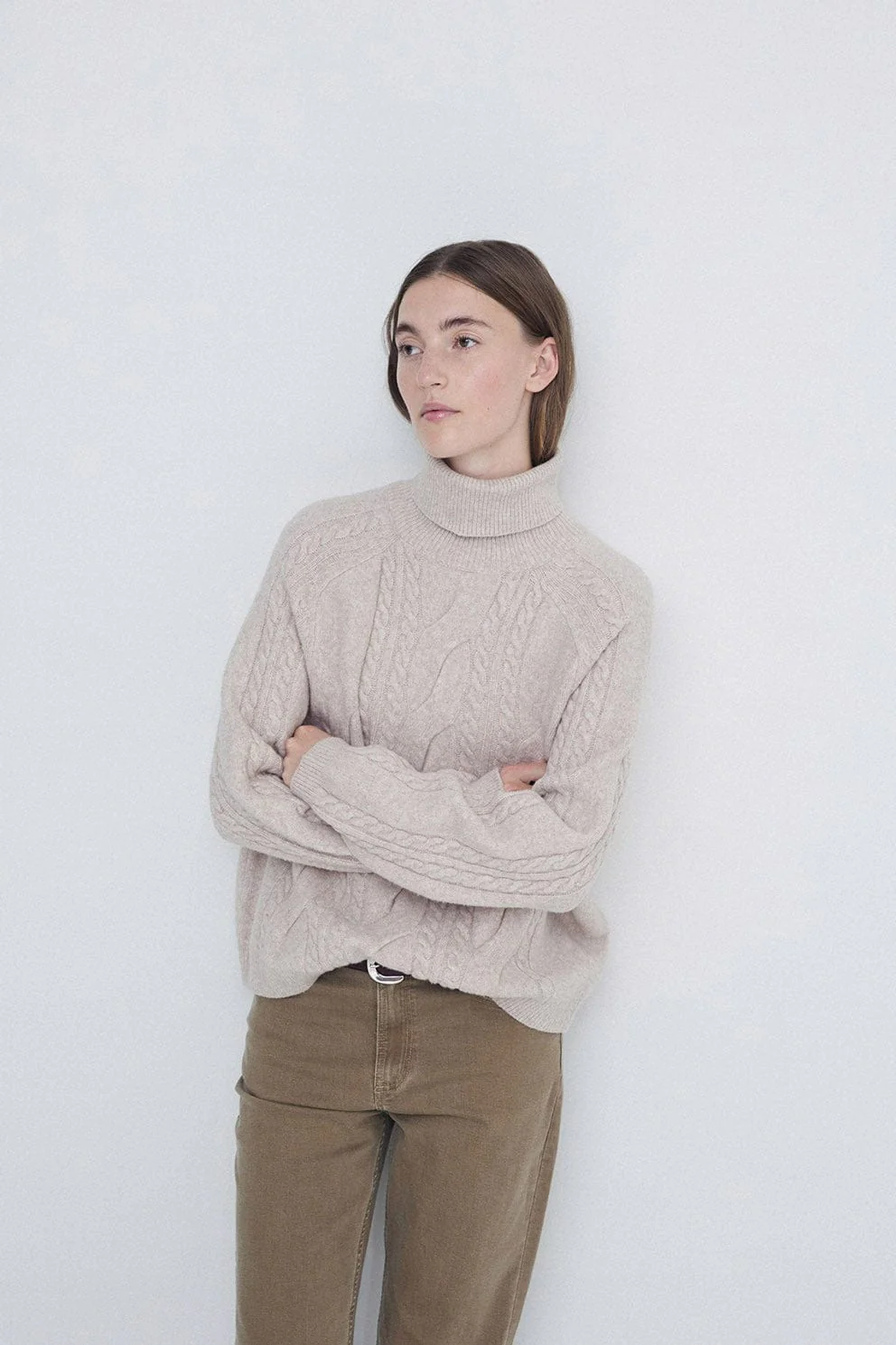 Roll Neck Jumper with Cable Detail - Stone - Image 2