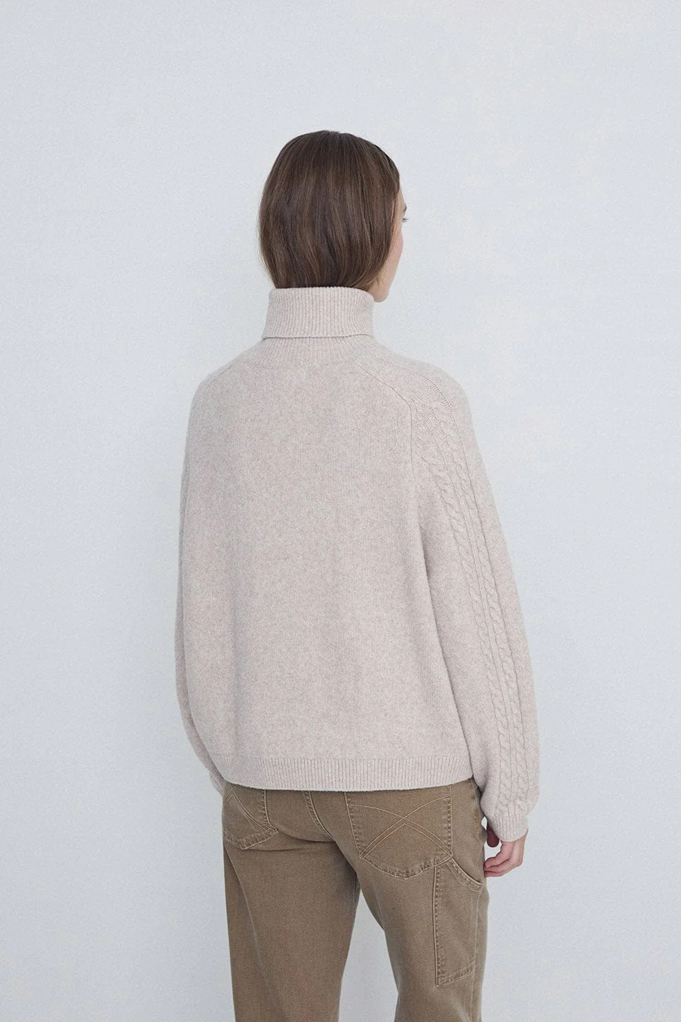 Roll Neck Jumper with Cable Detail - Stone - Image 3