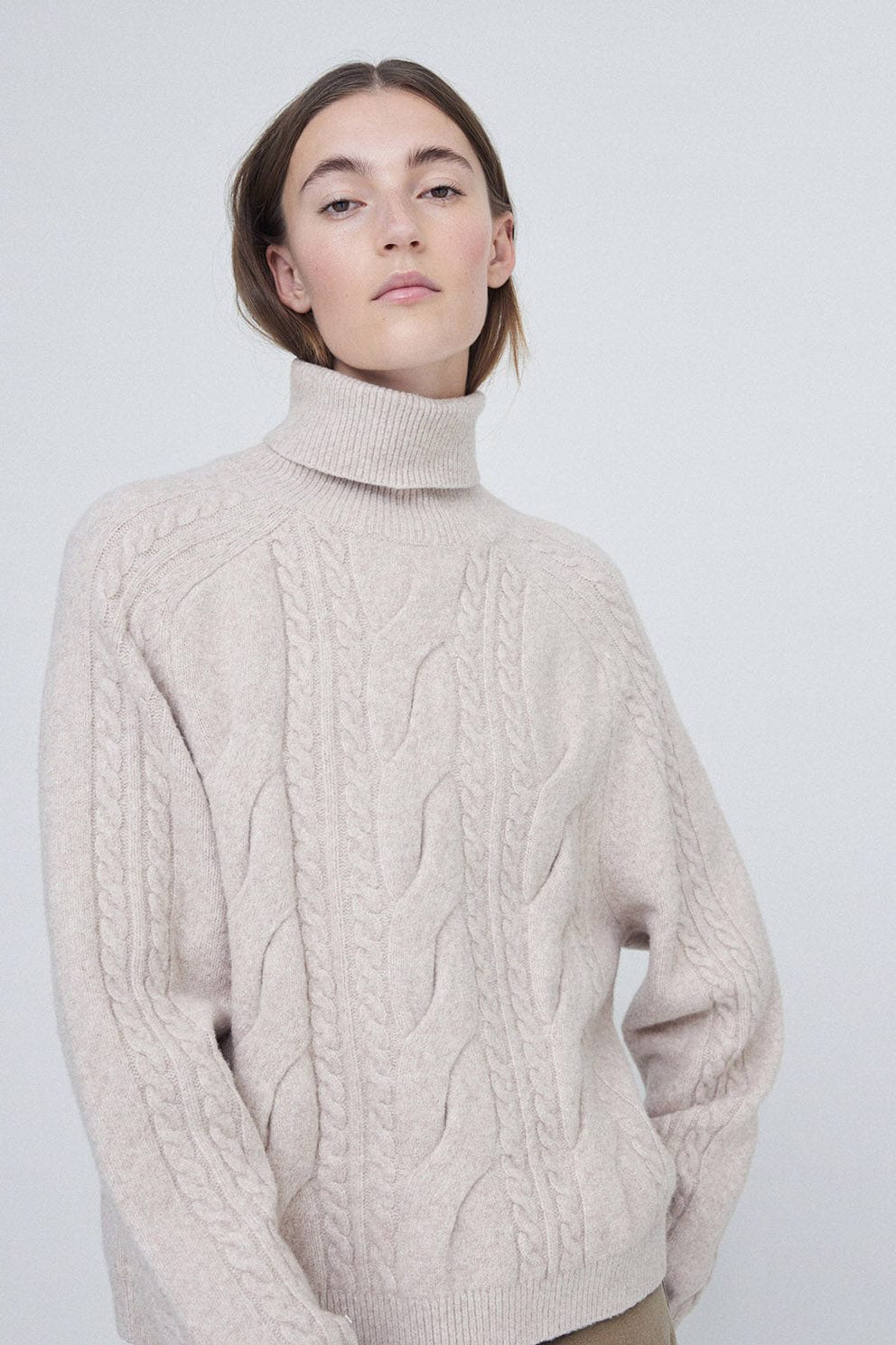 Roll Neck Jumper with Cable Detail - Stone - Image 4
