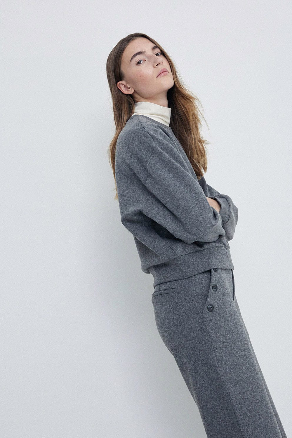 Straight Jersey Trousers with Button Detail - Anthracite - Image 4