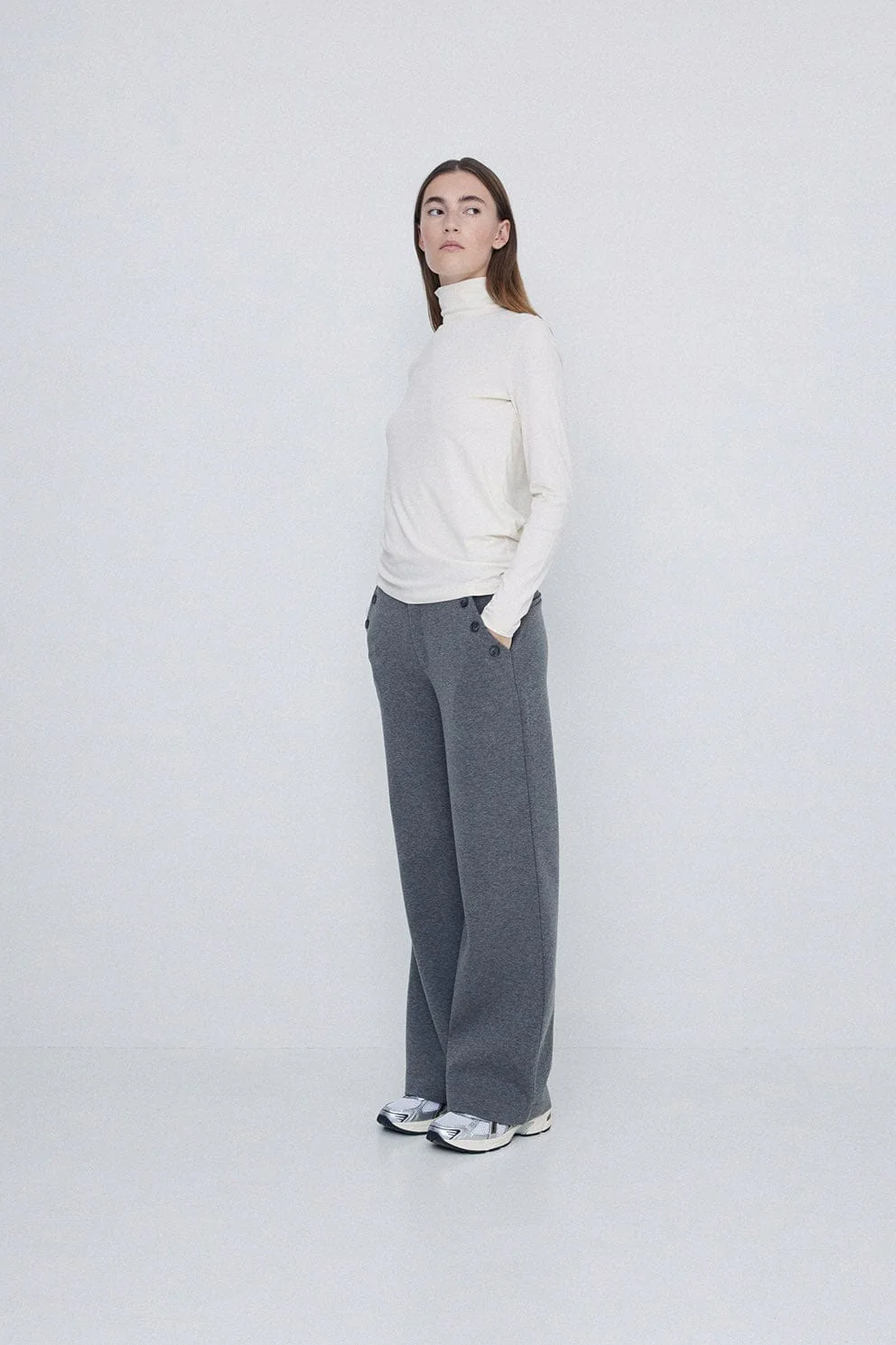 Straight Jersey Trousers with Button Detail - Anthracite - Image 5