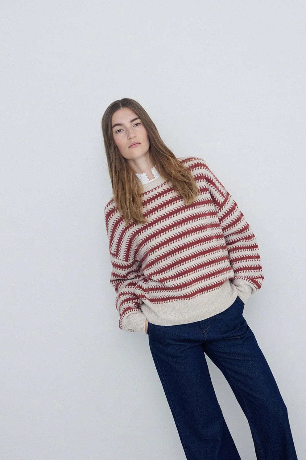 Stripe Wool Jumper - Ecru/Ancient Rose - Image 4