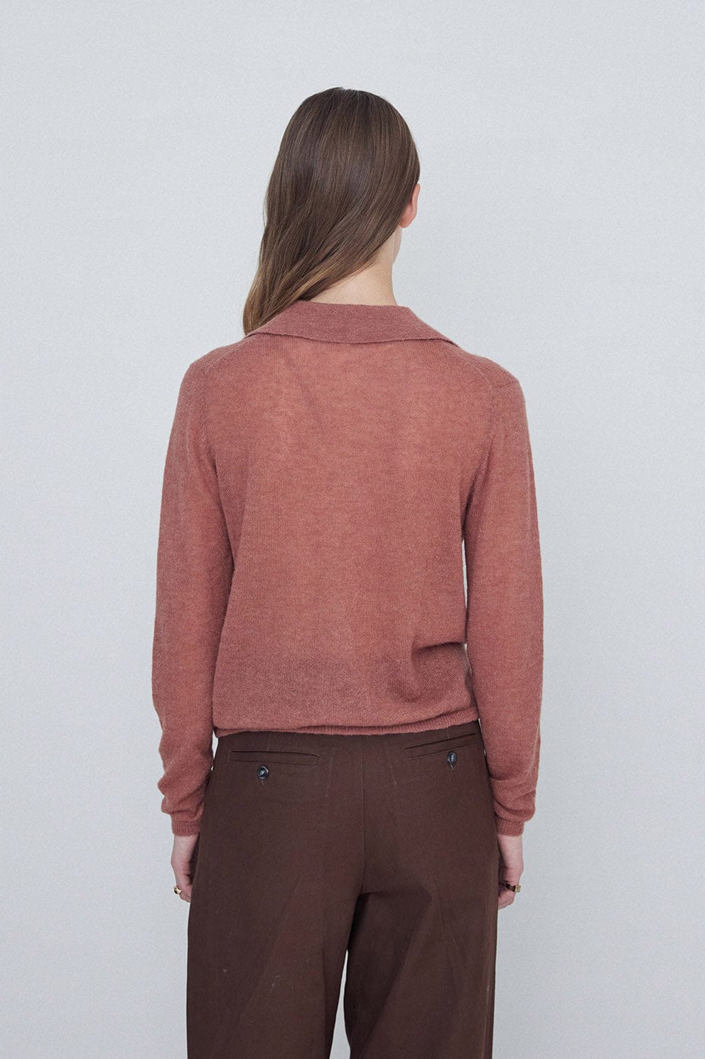 Wool Blend Collared Cardigan - Terracotta - Image 3