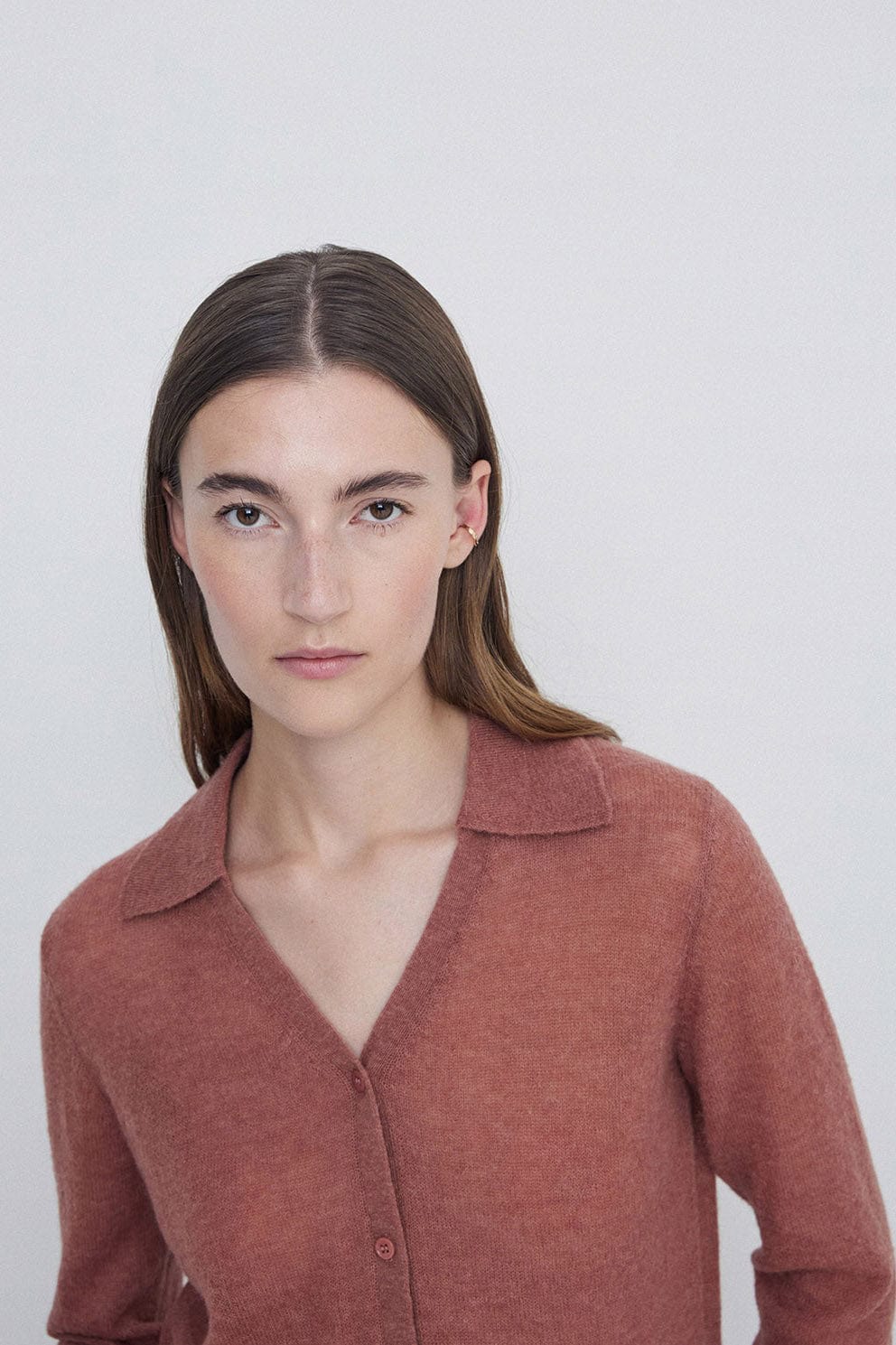 Wool Blend Collared Cardigan - Terracotta - Image 4