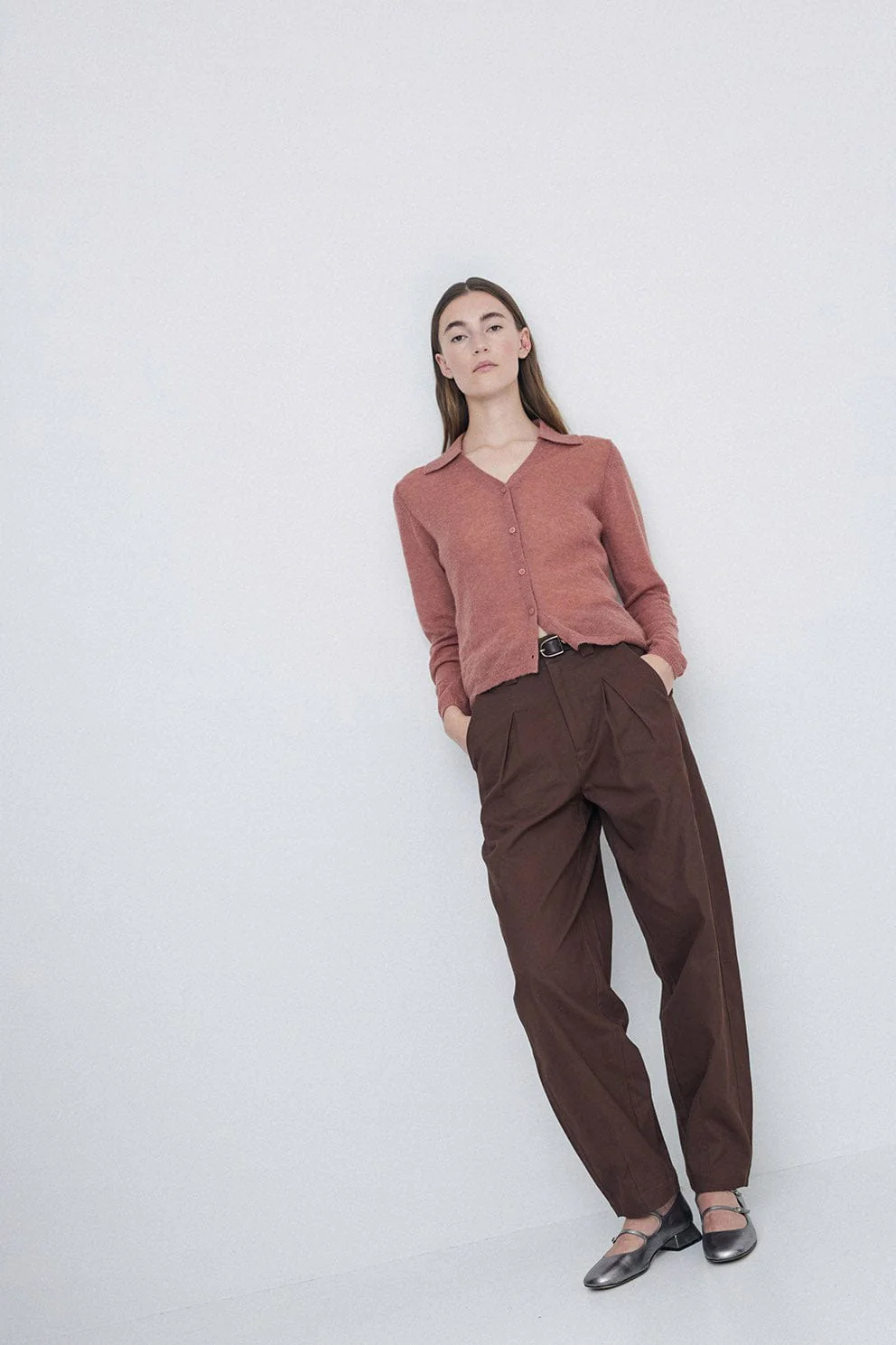 Wool Blend Collared Cardigan - Terracotta - Image 5